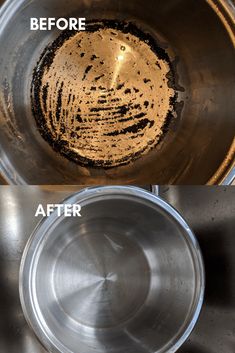 before and after photos of an old metal mixing bowl with dirt on the bottom left