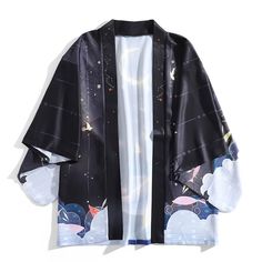 Fabric Material: Ice SilkColor: BlackSize Chart: M. XLï»?/p> Size Length Bust M 70cm/27.58" 118cm/46.49" XL 75cm/29.55" 120cm/47.28" Fitted Long Sleeve Casual Kimono, Casual Fitted Long Sleeve Kimono, Black Cotton Summer Outerwear, Black Cotton Outerwear For Summer, Summer Black Cotton Outerwear, Black Cotton Kimono For Summer, Black Kimono Sleeves Top For Spring, Black Outerwear With Kimono Sleeves For Winter, Black Winter Outerwear With Kimono Sleeves