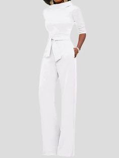 Women's Jumpsuits Solid Five-Point Sleeve Belted Wide-Leg Jumpsuit White / M Black Jumpsuit Outfit, Jumpsuit Outfit, Romper Outfit, White Jumpsuit, Clothing Dresses, Fashion Colours, Wide Leg Jumpsuit, Online Fashion, Fashion Store