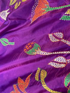 Exclusive hand embroidered Kantha stitch Saree Purple Embroidered Silk Saree, Purple Silk Embroidered Saree Fabric, Embroidered Purple Tussar Silk Traditional Wear, Purple Chanderi Embroidered Saree Fabric, Unstitched Silk Embroidered Fabric, Embroidered Katan Silk Fabric For Navratri, Purple Art Silk Embroidered Fabric For Festivals, Festive Purple Raw Silk Embroidered Fabric, Festive Purple Embroidered Raw Silk Fabric