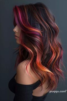 Dark Hair Vivids, Hair Color Inspo Colorful, Plum And Copper Hair, Hair Cut And Color Ideas For Brunettes, Colorful Tips Hair, Vibrant Hair Highlights, Awesome Hair Color Ideas, Purple Copper Hair, Fantasy Color Balayage