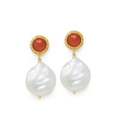 A real statement of style, these iconic earrings are handmade from 18k gold over silver and feature two mediterranean red coral cabs tiered to Keshi pearls. Pierced earrings with post back and butterfly fastening, presented in its Vintouch signature packaging. Coral is ethically sourced from local suppliers in the town of Torre del Greco, the homeland of coral manufacturing, ensuring it's of fair trade and environmental sustainable origin. Please avoid contacts with soaps, detergents, chlorine a Keshi Pearl Earrings, Blue Topaz Bracelet, Butterfly Earrings Stud, Italian Jewelry, Summer Earring, Keshi Pearls, Shell Earrings, Online Earrings, Pierced Earrings