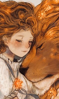 a painting of a girl hugging a dog with stars on it's furs