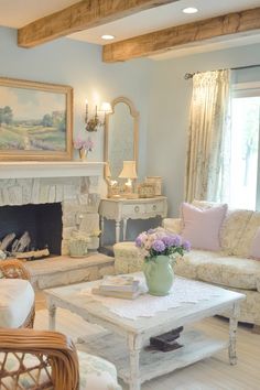 Sunlit French country living room with pastel hues antique furniture floral curtains and rustic elements Living Room Pastel, Room Pastel