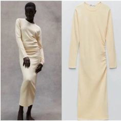 Yellow Zara Side-Cinch Long Sleeve Knit Dress Round Neckline, Long Sleeves And Gathered Details On The Side. Zara Dress Yellow, Zara Slip Dress, Tan Midi Dress, Zara Midi Dress, Dresses Yellow, Turtleneck Midi Dress, Orange Midi Dress, Navy Blue Midi Dress, Knit Shirt Dress