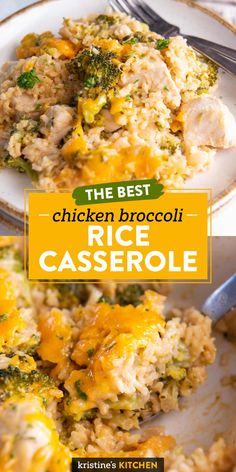 the best chicken broccoli rice casserole on a plate with a fork