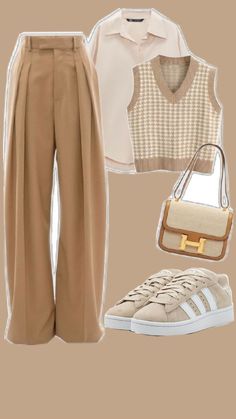 Style With Cream Pants, Khaki Trousers Outfit Aesthetic, Fall Outfits Beige Pants, Casual Cream Outfits, Brown And Creme Outfit, Brown Theme Outfit, Beige Brown Outfit Aesthetic, Cream And White Outfits For Women, Cream Set Outfit