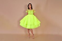 Neon Tulle Dress/ Party Neon Dress/ Festival Neon Dress/ Fancy Clothes/ Tulle Gown/ Neon Summer Dress/ Neon Dress Short Sleeve Tulle Skirt Party Dress, Short Sleeve Tulle Party Dress, Green Sheer Party Dress, Green Sheer Dress For Party, Tulle Dress With Full Skirt For Party, Tulle Dresses With Full Skirt For Parties, Summer Party Dress With Full Skirt, Sheer Full Skirt Party Dress, Party Full Tulle Skirt Dress