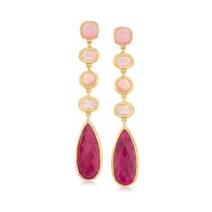 Ross-Simons - 30.00ct t.w. Ruby, 2.80ct t.w. Multi-Gemstone Drop Earrings Over Sterling. Hello, blush monochrome! These glamorous drop earrings present multi-shaped pink and red gemstones including 8mm square and 6mm round pink opal cabochons and 2.80 ct. t.w. rose quartz ovals. The grand finale? Gorgeous 30.00 ct. t.w. pear-shaped rubies. Crafted in 18kt yellow gold over sterling silver with textured and polished finishes. Hanging length is 2 5/8". Post/clutch, multi-gemstone and ruby drop earr Essential Jewelry, Pink Opal Earrings, Ruby Necklace Pendant, Ruby Birthstone, Gemstone Drop Earrings, Red Gemstones, Jewelry Essentials, Sterling Jewelry, Ruby Jewelry