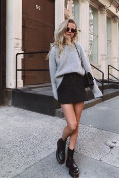 Denim Skirt Outfit Winter, Marie Von Behrens, Combat Boot Outfits, Combat Boot Outfit, Comfy Outfits Winter, Classy Winter Outfits, Denim Skirt Outfits, Winter Skirt Outfit