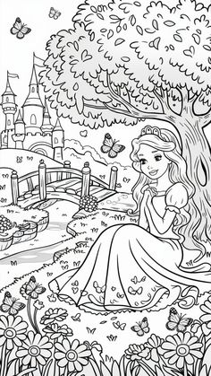 a princess sitting under a tree in the park with butterflies flying around her and looking at something