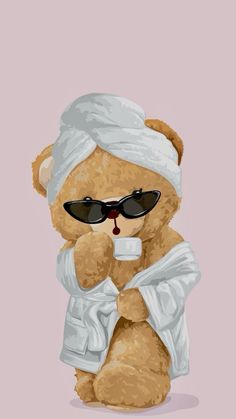 a teddy bear with sunglasses and a towel on its head is sitting in front of a pink background