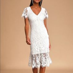 Never Worn, Perfect Condition! Perfect For Casual Wedding, Shower, Or Rehearsal Dinner. Bound To Fall In Love, White Lace Midi Dress, Lulus Dresses, Lace Midi, Casual Wedding, Wedding Weekend, Lulu Dresses, Lace Midi Dress, Rehearsal Dinner