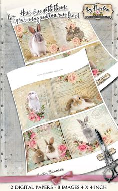 two digital papers with rabbits and roses on them, one has scissors in front of it