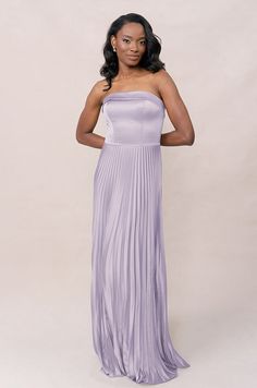 Model: April; Size: 4; Color: Light Lavender Satin Pleated Dress, Elevated Wedding, Floral Satin Dress, Pleated Satin Dress, European Garden, Puerto Rican, Bra Cups, Fold Over, Straight Cut