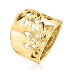 Ross-Simons - Italian 14kt Yellow Gold Openwork Floral Ring Size 9. Charming cutout flowers adorn this wide 14kt yellow gold ring from Italy. Brushed and polished finishes bring depth to the openwork design. 3/4" wide. 14kt yellow gold floral ring. Floral Ring, Size 10 Rings, Yellow Gold Ring, Gold Floral, Yellow Gold Rings, Gold Ring, Floral Rings, Gold Rings, Ring Size