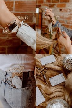 a woman is holding her hair and some scissors