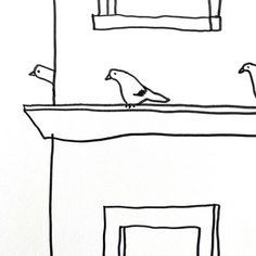 a drawing of two birds sitting on top of a fireplace