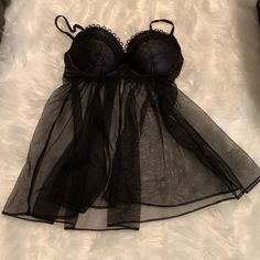 New With Tags! Victoria’s Secret Black Babydoll Lingerie. 34c Black Lingerie Dress, Honeymoon Dresses, Black Bra Top, Black Babydoll, Victoria Secret Pink Bras, Cute Bras, Black Slip Dress, Black Lace Bra, Girly Dresses