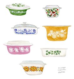 six different colored dishes are shown in this drawing, each with flowers and leaves on them