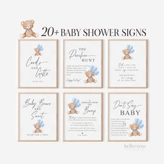 four baby shower signs with teddy bears on them and the words, 20 baby shower signs