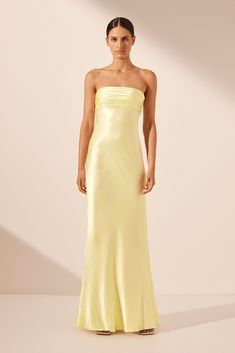 La Lune Strapless Ruched Bodice Maxi Dress | Lemon | Dresses | Shona Joy Simple Prom Dress Strapless, Deb Ball Guest Dresses, Strapless Yellow Prom Dress, Pastel Yellow Bridesmaid Dresses Long, Yellow Strapless Prom Dress, Strapless Column Dress, Yellow Maxi Dress Wedding, Bandeau Prom Dress, Strapless Silk Prom Dress