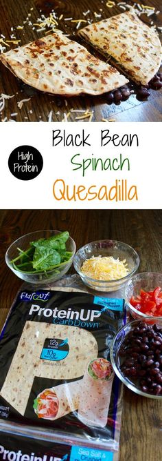 black bean and spinach quesadilla on a wooden table