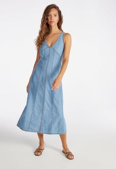 Denim V-Neck Midi Dress V Neck Midi Dress, Female Fashion, Shoe Dazzle, Clothing Dresses, Fit & Flare, Fashion Clothing, Perfect Fit, Dress Outfits, Midi Dress