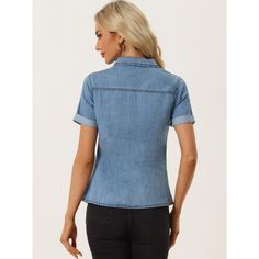 If you're looking to add some trendy feel to your wardrobe, consider this chic denim shirt with a chest pocket. This button-down outerwear is both classic and cool, perfect for meeting up with friends or going about your daily routine. With its stylish breast pockets and buttoned flaps, this denim shirt is a classic yet unique addition to any outfit. Pair it with your favorite jeans and handbag for a cute and effortless look that's sure to turn heads. Collared Denim Top With Button Closure, Collared Denim Blue Chambray Top, Trendy Collared Chambray Denim Top, Trendy Collared Denim Top, Denim Button-up Tops With Pockets, Trendy Chambray Collared Denim Top, Trendy Button-up Denim Top, Trendy Denim Button-up Top, Collared Chambray Denim Top