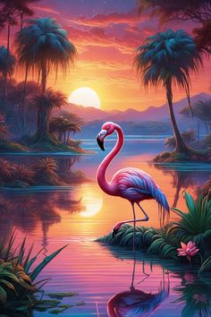 a pink flamingo standing in the water at sunset