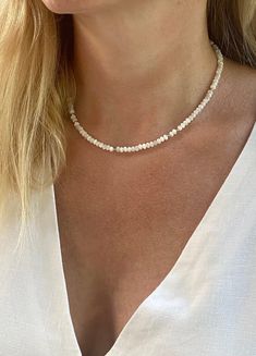 Mother of Pearl Choker. 14kt Gold Filled Pearl Necklace. - Etsy Dainty Pearl Necklace With Gemstone Beads, White Pearl Choker Necklace For Everyday, Everyday White Pearl Choker Necklace, Minimalist White Choker For Everyday, Minimalist White Everyday Choker, Everyday Minimalist White Choker, Minimalist Gemstone Beads Choker, Simple White Jewelry With Tiny Beads, Minimalist White Pearl Necklace With Tiny Beads