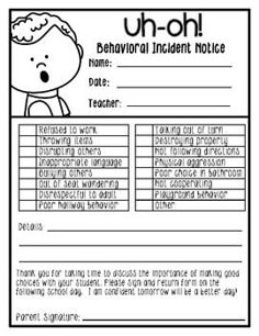 the behavior incident notice sheet for students to use on their school's classroom desk