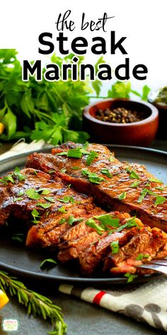 steak marinade on a plate with herbs