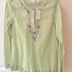 Mint Colored Tunic Of 100% Cotton With Silver Sequin Trim On All The Hems. Diamond-Looking Buttons. Festive Silver Tops For Summer, Silver Tops For Spring Festive Occasion, Spring Festive Silver Tops, Festive Silver Tops For Spring, Spring Silver Embellished Top, Clothes For Women Over 50, Trim Color, Silver Sequin, Saks Fifth