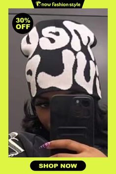 knowfashionstyle Black White Sweet Print Patchwork Hat Trendy Winter Beanie, Trendy Fall Beanie, Trendy One Size Beanie Cap, Trendy One-size Beanie Cap, Trendy Fitted Beanie, Trendy One Size Fall Hat, White Fall Streetwear Hat, White Hat For Fall Streetwear, White Streetwear Hat For Fall