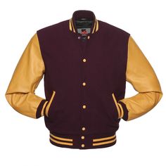 Brand New Varsity Jacket *Made by highest quality wool and Genuine leather *100% Polyester Laser Lining * Total 5 Pockets , 2 Front, 3 inside, 1 Mobile pocket. Yellow Leather, Gold Yellow