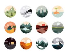 nine round badges with different mountains and trees