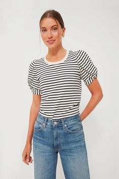 Navy Striped Vesty Puff Short Sleeve Crewneck | Pomander Place Cool Numbers, Knot Tie, Update Your Wardrobe, Style Fall, The Navy, Work Clothes, Tie Knots, Puffed Sleeves, Navy Stripes