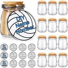 a set of ten clear ball jars with corks and labels for diy name numbers