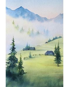 a watercolor painting of mountains and trees in the distance with fog rolling over them