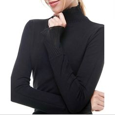 Ls Mock Neck Pleated Chiffon Contrast Sweater Top Elegant High Neck Tops For Winter, Elegant High Neck Winter Tops, Stretch Tops For Office In Winter, Elegant Winter Office Tops, Winter Office Stretch Tops, Elegant Black Tops For Layering, Elegant Black Turtleneck Top, Three Quarter Sleeve Shirt, Turquoise Top