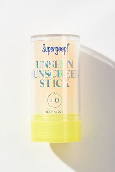 Reapplying SPF on the go has never been easier. This mess-free sunscreen stick brings the invisible Unseen Sunscreen magic into a portable, easy-to-apply stick. With an expertly-crafted formula that helps reduce the appearance of oil and shine, Unseen Sunscreen Stick delivers a natural finish and powerful sun protection — with no white cast. Even better, this velvety formula glides seamlessly over makeup with little-to-no transfer and no need to rub in for all-day SPF reapplication no matter your look. | Unseen Sunscreen Stick SPF 40 by Supergoop! in Yellow at Anthropologie Good Face Sunscreen, Supergroup Sunscreen, Supergoop Unseen Sunscreen, Unseen Sunscreen, Over Makeup, Good Face, Sunscreen Stick, Skin Care Serum, The Invisible