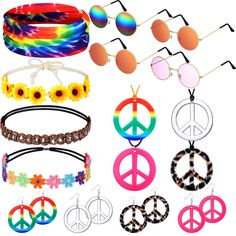 PRICES MAY VARY. Halloween Hippie Costume Accessory Set: the package contains a total of 16 pieces of hippie accessories, including 4 pairs of hippie glasses, 4 hippie headbands, 4 peace sign necklaces and 4 pairs of peace sign earrings; The rich combination allows you can freely match your hippie look, making you stand out in many events you attend Eye Catching Headbands: the hippie headbands can be easily adjusted and fixed on the hair, designed with vibrant colors and diverse designs, offerin 60s 70s Outfits, Hippie Glasses, Hippie Sunglasses, Peace Sign Earrings, Hippie Accessories, Hippie Headbands, Women Costume, Peace Sign Necklace, 70s Outfits