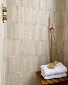 a cat laying on top of towels in a bath room next to a shower head