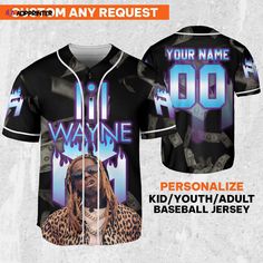 Custom Lil Wayne Flames Baseball Jersey - Personalize Your Young Money Rap Shirt Black Tops With Custom Print For Concert, Black Sublimation All Over Print For Streetwear, Black Sublimation Design With All Over Print For Streetwear, Black All-over Print Sublimation Design For Streetwear, Black All Over Print Sublimation Streetwear, Customizable Black Tops For Streetwear, Rap Shirt, Young Money, Lil Wayne