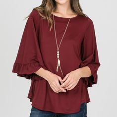 -Super Soft Chic Bell Sleeve Top With Ruffle Hem, Chic Tops With Ruffle Hem And Bell Sleeves, Chic Red Top With Ruffle Hem, Fall Bell Sleeve Tops With Ruffle Hem, Fall Tops With Ruffle Hem And Bell Sleeves, Red Ruffled Feminine Tops, Red Feminine Ruffle Top, Red Feminine Ruffled Tops, Red Ruffled Blouse For Fall