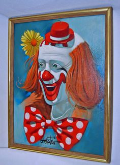 a painting of a clown wearing a red and white polka dot bow tie with a yellow flower in his hair