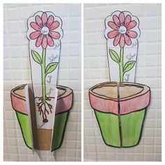 two pictures of flower pots with flowers in them, one is cut out and the other has