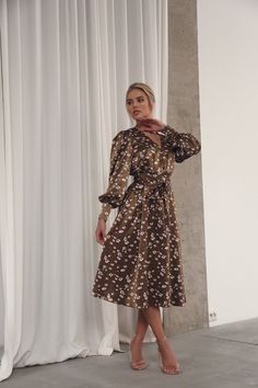 Puff Sleeve Midi Dress Brown – VICLAN Fitted Floral Print Elastane Dresses, Stretch Floral Print Elastane Dress, Fitted Floral Print Midi Dress For Work, Floral Print Stretch Long Sleeve Midi Dress, Stretch Floral Print Midi Dress For Date Night, Stretch Midi Dress With Floral Print For Date Night, Midi Dress Brown, Puff Sleeve Midi Dress, Best Dress