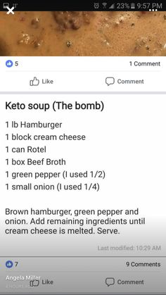 the keto soup recipe is shown on an iphone screen, and it's full of ingredients